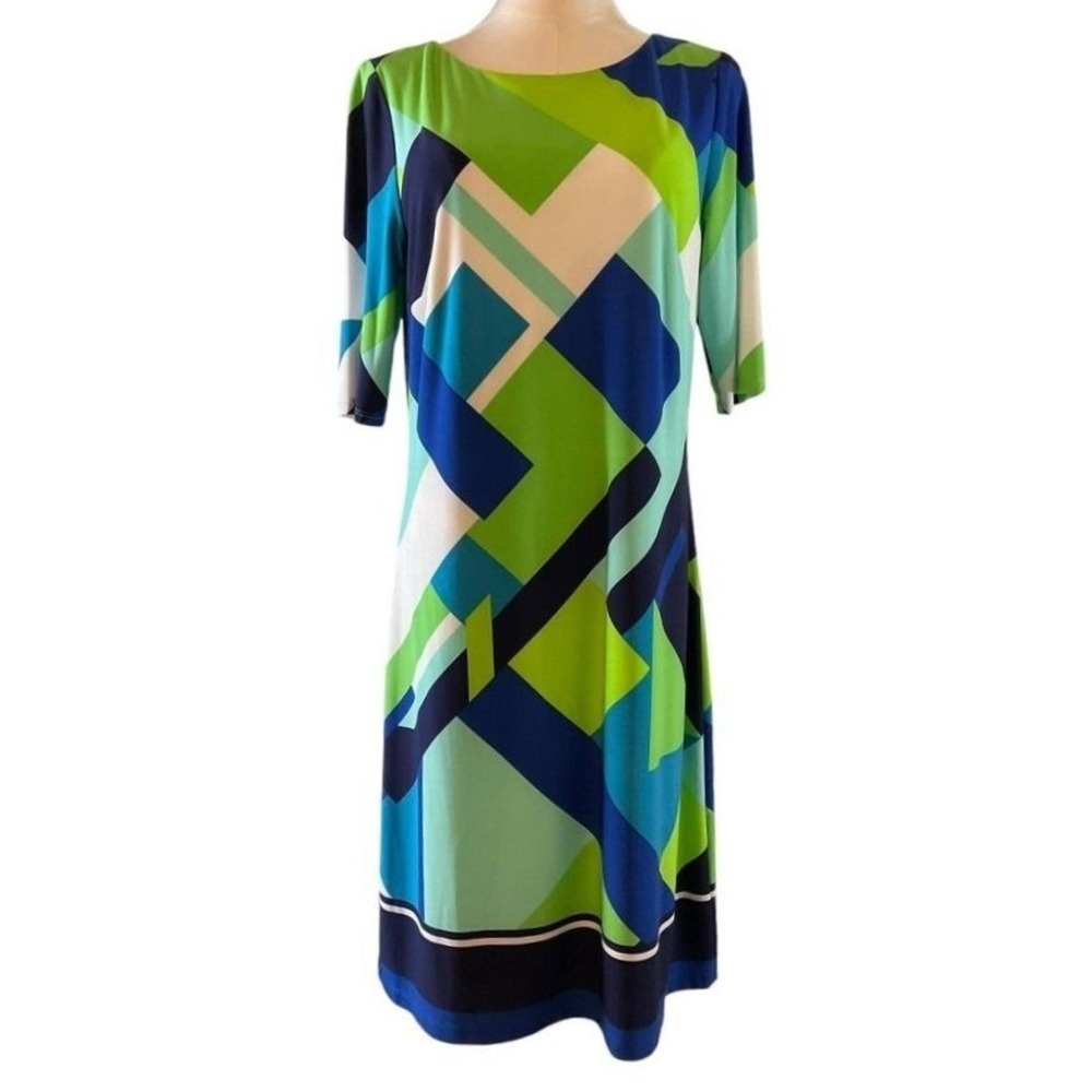 Jessica Howard Women's Blue Green Geometric Abstract Print Shift Dress Size 10 - Picture 3 of 12